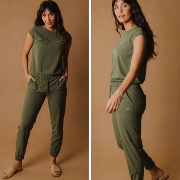 Albion Fit Cap Sleeve Active Jumpsuit Olive Green Elastic Waist Onepiece Size XS - Picture 4 of 11